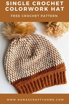 the simple crochet hat pattern with text overlay that reads, single crochet colorwork hat free crochet pattern