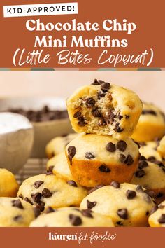chocolate chip mini muffins are stacked on top of each other with the title above it