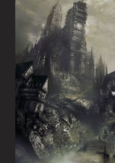 a painting of a castle with stairs leading up to it and a clock tower in the background