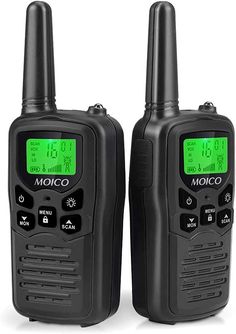 two black walkie talkies with green displays
