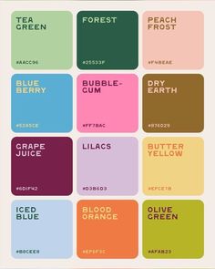 the color scheme for each type of food is shown in different colors and font styles