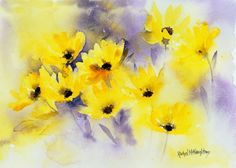 watercolor painting of yellow flowers with purple background