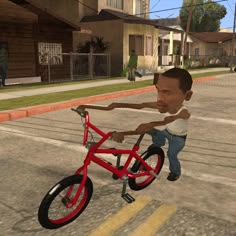 a cartoon character riding a red bike down a street