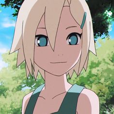 an anime character with blonde hair and blue eyes looking at the camera while standing in front of trees