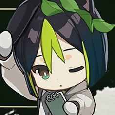 an anime character with green hair holding a cell phone in one hand and pointing to the side
