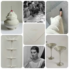 a collage of photos with white items and people in the background, including wine glasses