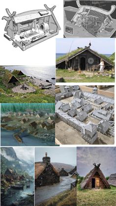 several pictures of different types of buildings in the wild, including an old boat and other structures