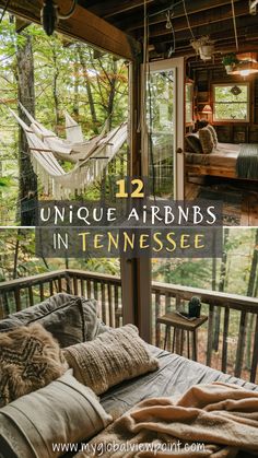 Interior and exterior views of a cozy treehouse Airbnb in Tennessee, showcasing a hammock on the porch and a comfortable bed with forest views. Perfect for a cabin weekend getaway or a relaxing vacation in the woods.