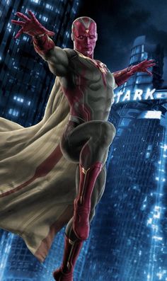 the man is dressed as iron man in front of a cityscape at night