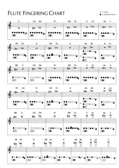 sheet music with the words flute fingering chart