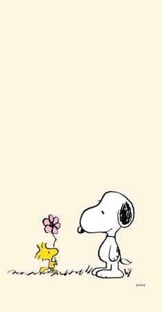 a cartoon character is holding a flower in his hand and looking at the snoopy dog