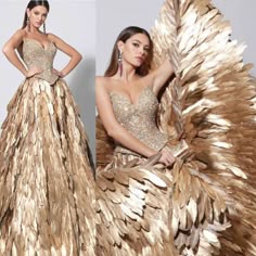 Falcon Dress, Gold Dress With Feathers, Gold Leaf Dress, Gold Feather Dress, Gold Wedding Dress Feathers, Golden Gala Theme Dress, Gold Flying Dress, Gold Feather Prom Dress, Gold Feather Fairy Costume