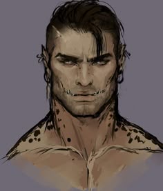 a drawing of a man with tattoos on his face and chest, staring at the camera