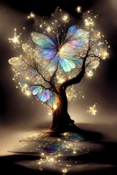 a tree with glowing butterflies on it and stars in the sky around it's branches
