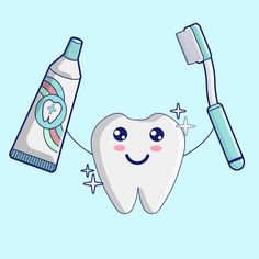toothpaste and toothbrush on blue background with cartoon character holding tooth pastel