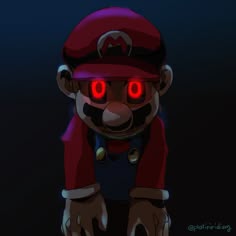 an animal with red eyes and a hat on it's head sitting in the dark