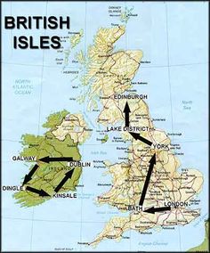 the british isles map with black arrows pointing in different directions and major cities on it