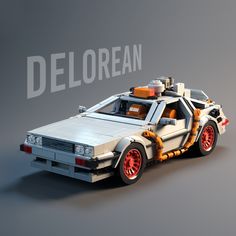 a lego delorean car is shown on a gray background with the words delorean above it