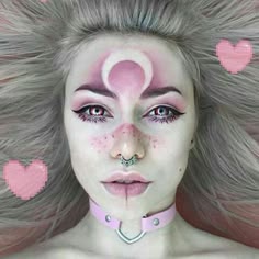 Cosplay Make Up Ideas, Cute Fantasy Makeup, Moon Makeup Ideas, Moon Make Up Halloween, Pink Witch Makeup, Moon Makeup Look, Fashion Make Up, Pastel Alien Makeup, Luna Makeup
