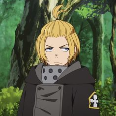 an anime character with blonde hair and blue eyes standing in front of some trees, looking at the camera