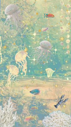 an underwater scene with jellyfish, sea stars and other marine creatures in the water