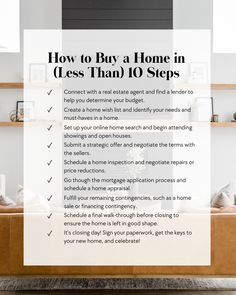 a living room with the text how to buy a home in less than 10 steps