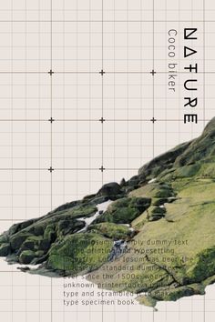 an image of a mountain with rocks and moss growing on the side, as well as text