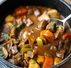 a spoon full of stew with meat and vegetables