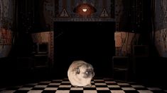 a cat sitting on top of a black and white checkered floor in a dark room
