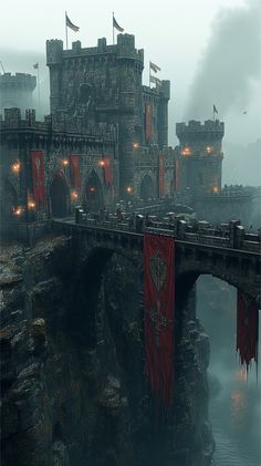 an image of a castle on the edge of a cliff with flags flying in the wind