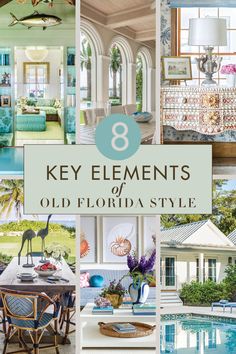 the 8 key elements of an old florida style home in blue, green and white