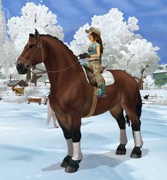 a woman riding on the back of a brown horse in snow covered ground next to trees