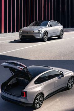 two different views of a silver car with its trunk open