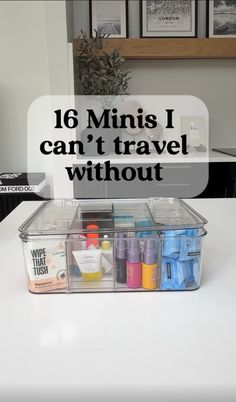 a white counter top with plastic containers on it and the words 16 mins i can't travel without