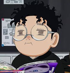 a cartoon character with glasses reading a book