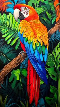 a painting of a colorful parrot perched on a tree branch in the jungle with tropical leaves