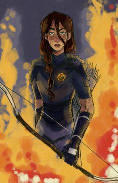 a drawing of a woman with long hair holding a bow and arrow in her hands