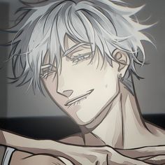 an anime character with white hair and blue eyes is looking at the camera while he's holding his arm over his shoulder