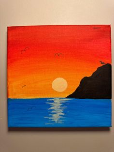 an acrylic painting of a sunset over the ocean with birds flying in the sky