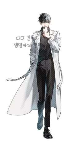 an anime character with black hair wearing a trench coat and standing in front of a white background