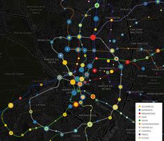 a map with many different colored dots on it's side and the city in the background