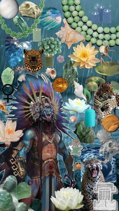 an image of a man surrounded by flowers and other things that are floating in the water