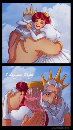 two pictures of the same person hugging each other and one has a crown on her head