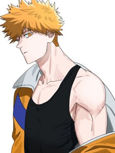 an anime character with blonde hair and black tank top holding a yellow object in his hand