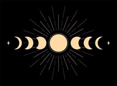 the phases of the moon on a black background with white stars and sunbursts