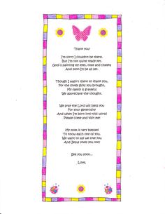 a poem written in pink, yellow and purple with a butterfly on the border that says thank you