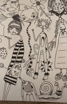 a drawing of some people and animals in black and white ink, with one woman holding a cat