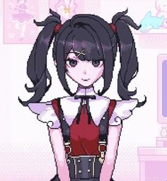 an anime character with long black hair wearing a red shirt and suspenders, standing in front of a pink background