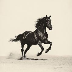 a black and white photo of a horse galloping in the desert with dust behind it