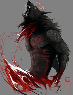 a drawing of a black wolf with red flames on it's chest and mouth